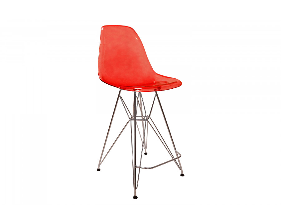 LeisureMod Cresco Modern Acrylic Barstool with Chrome Base and Footrest - Transparent Red