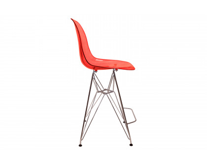 LeisureMod Cresco Modern Acrylic Barstool with Chrome Base and Footrest - Transparent Red