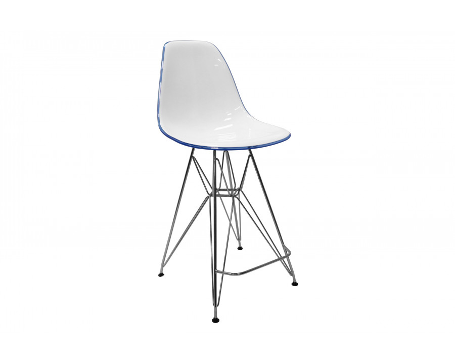 LeisureMod Cresco Modern Acrylic Barstool with Chrome Base and Footrest - White/Blue