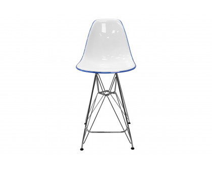 LeisureMod Cresco Modern Acrylic Barstool with Chrome Base and Footrest - White/Blue