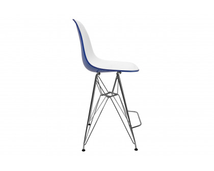 LeisureMod Cresco Modern Acrylic Barstool with Chrome Base and Footrest - White/Blue