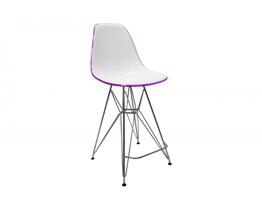 LeisureMod Cresco Modern Acrylic Barstool with Chrome Base and Footrest - White/Purple