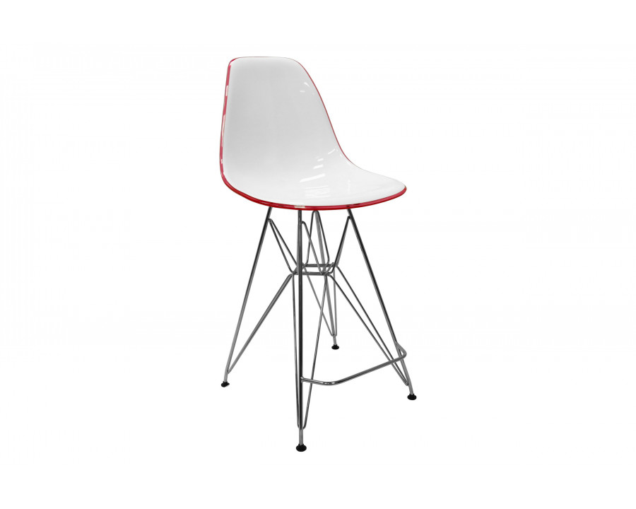 LeisureMod Cresco Modern Acrylic Barstool with Chrome Base and Footrest - White/Red