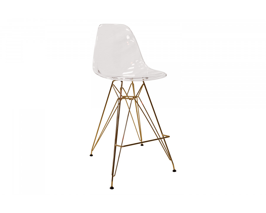 LeisureMod - Cresco Modern Acrylic Barstool with Gold Chrome Base and Footrest in Clear