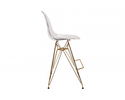 LeisureMod - Cresco Modern Acrylic Barstool with Gold Chrome Base and Footrest in Clear