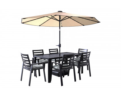 LeisureMod Chelsea Modern 7-Piece Outdoor Dining Set in Black Aluminum with Removable Cushions