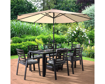 LeisureMod Chelsea Modern 7-Piece Outdoor Dining Set in Black Aluminum with Removable Cushions - Charcoal Black