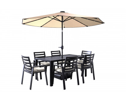 LeisureMod Chelsea Modern 7-Piece Outdoor Dining Set in Black Aluminum with Removable Cushions