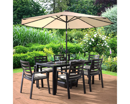 LeisureMod Chelsea Modern 7-Piece Outdoor Dining Set in Black Aluminum with Removable Cushions - Beige