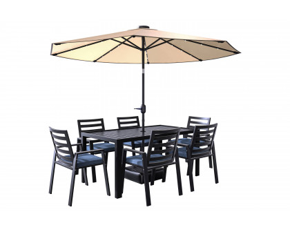 LeisureMod Chelsea Modern 7-Piece Outdoor Dining Set in Black Aluminum with Removable Cushions