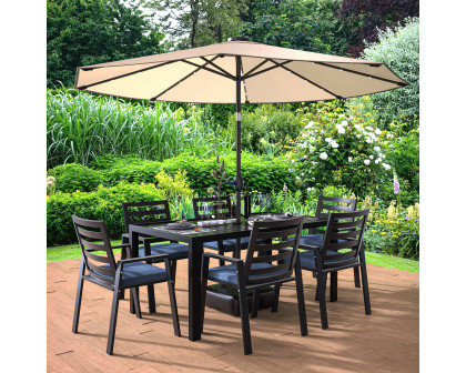 LeisureMod Chelsea Modern 7-Piece Outdoor Dining Set in Black Aluminum with Removable Cushions - Charcoal Blue