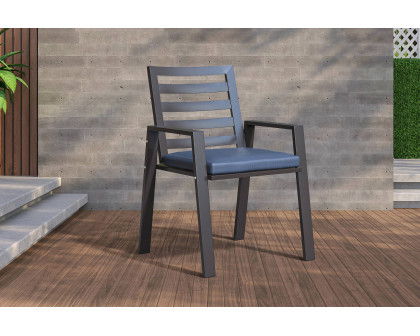 LeisureMod Chelsea Modern 7-Piece Outdoor Dining Set in Black Aluminum with Removable Cushions - Charcoal Blue