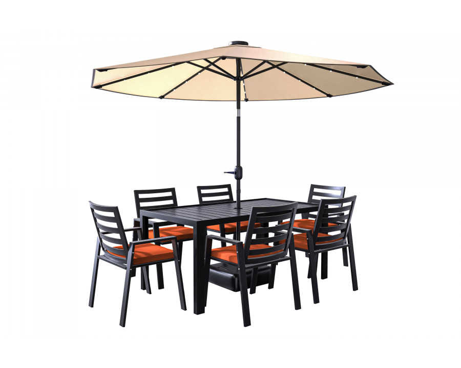 LeisureMod Chelsea Modern 7-Piece Outdoor Dining Set in Black Aluminum with Removable Cushions