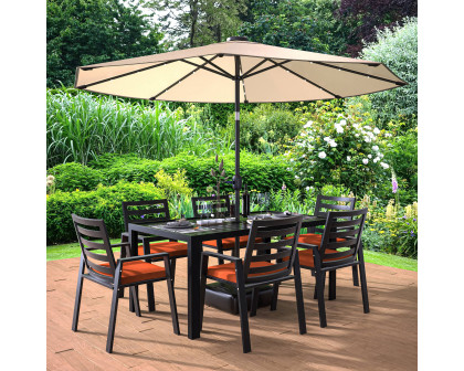 LeisureMod Chelsea Modern 7-Piece Outdoor Dining Set in Black Aluminum with Removable Cushions