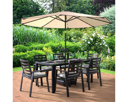 LeisureMod Chelsea Modern 7-Piece Outdoor Dining Set in Black Aluminum with Removable Cushions - Light Gray