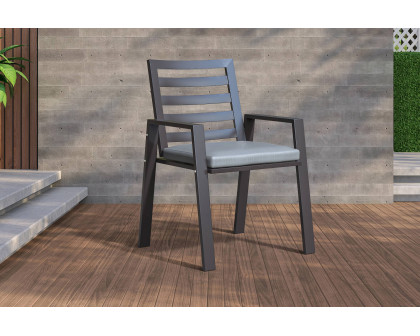 LeisureMod Chelsea Modern 7-Piece Outdoor Dining Set in Black Aluminum with Removable Cushions - Light Gray