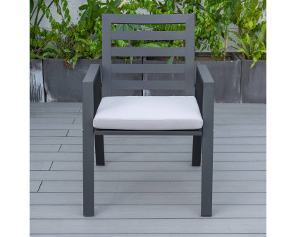 LeisureMod Chelsea Modern 7-Piece Outdoor Dining Set in Black Aluminum with Removable Cushions - Light Gray