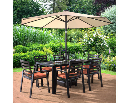 LeisureMod Chelsea Modern 7-Piece Outdoor Dining Set in Black Aluminum with Removable Cushions - Orange