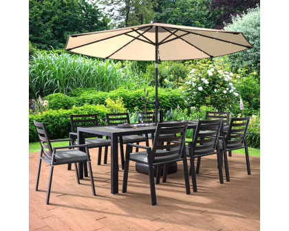 LeisureMod Chelsea Modern 9-Piece Outdoor Dining Set in Black Aluminum with Removable Cushions