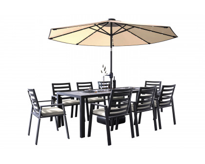 LeisureMod Chelsea Modern 9-Piece Outdoor Dining Set in Black Aluminum with Removable Cushions