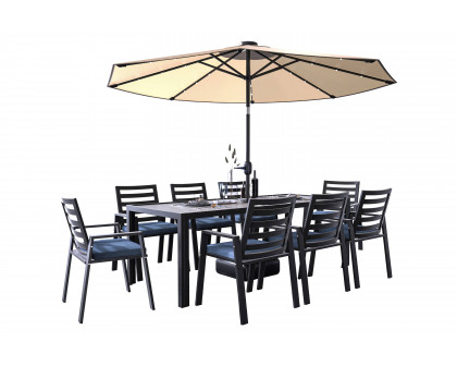 LeisureMod Chelsea Modern 9-Piece Outdoor Dining Set in Black Aluminum with Removable Cushions