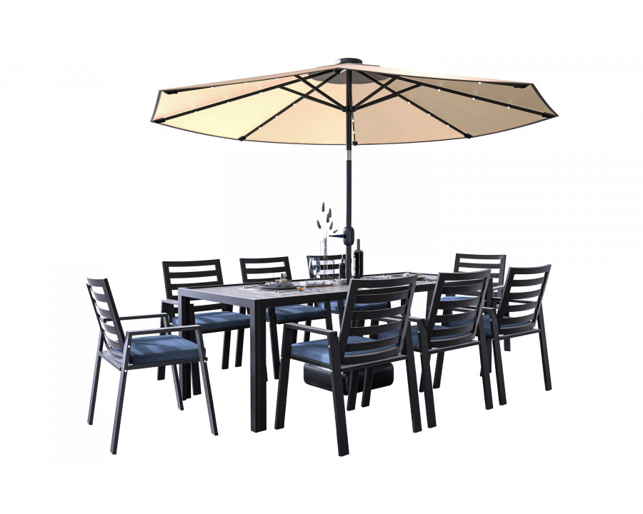 LeisureMod Chelsea Modern 9-Piece Outdoor Dining Set in Black Aluminum with Removable Cushions - Charcoal Blue