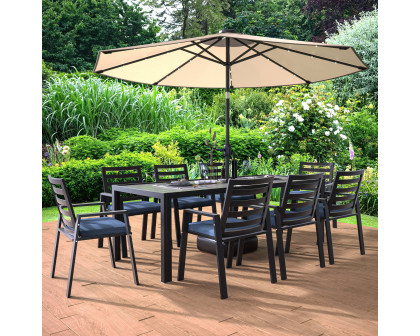 LeisureMod Chelsea Modern 9-Piece Outdoor Dining Set in Black Aluminum with Removable Cushions - Charcoal Blue