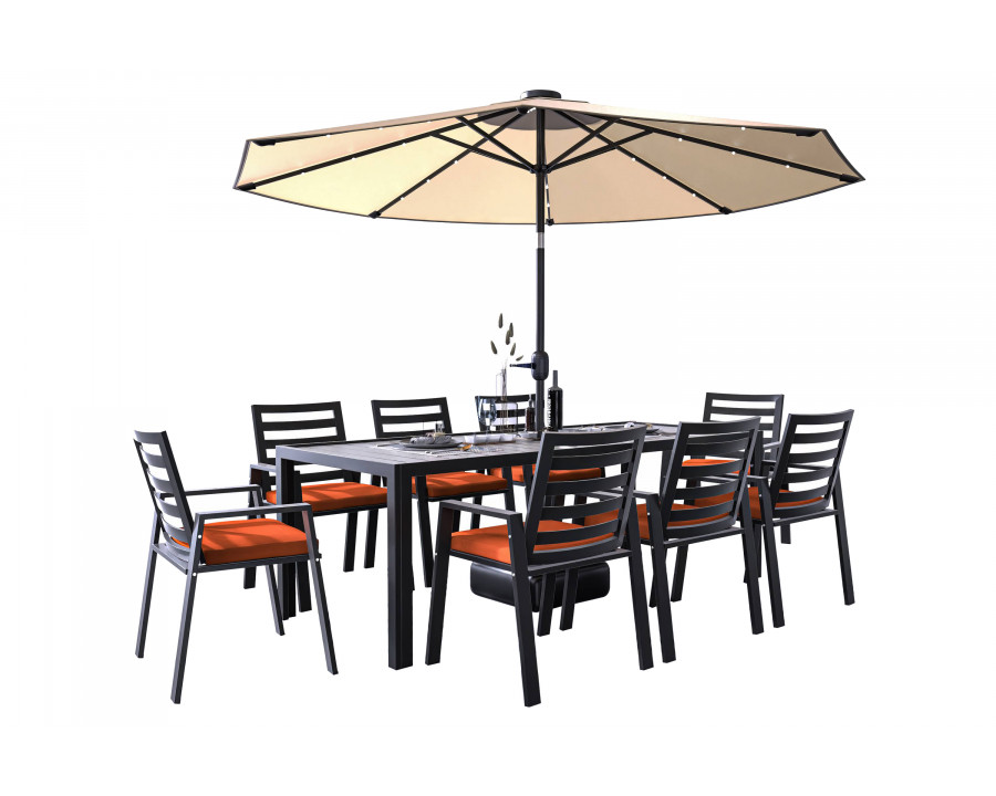 LeisureMod Chelsea Modern 9-Piece Outdoor Dining Set in Black Aluminum with Removable Cushions - Cherry