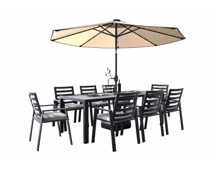 LeisureMod Chelsea Modern 9-Piece Outdoor Dining Set in Black Aluminum with Removable Cushions