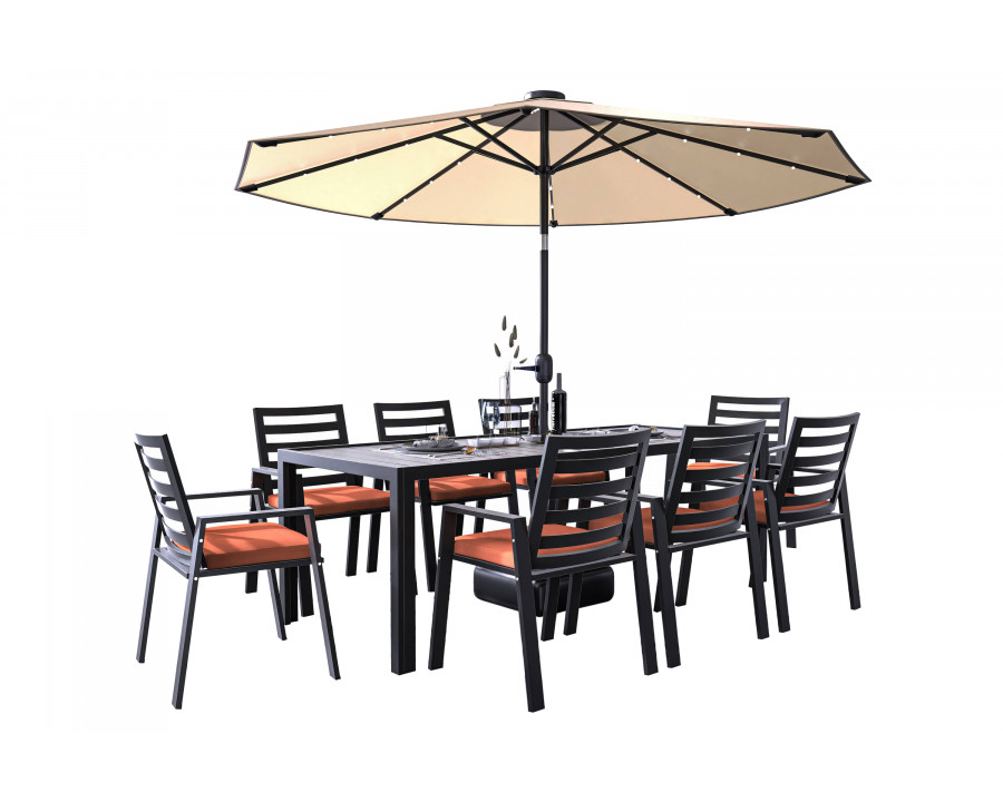 LeisureMod Chelsea Modern 9-Piece Outdoor Dining Set in Black Aluminum with Removable Cushions - Orange