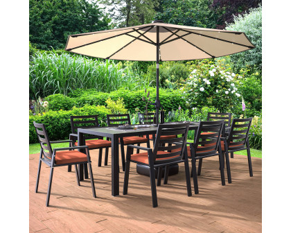 LeisureMod Chelsea Modern 9-Piece Outdoor Dining Set in Black Aluminum with Removable Cushions - Orange