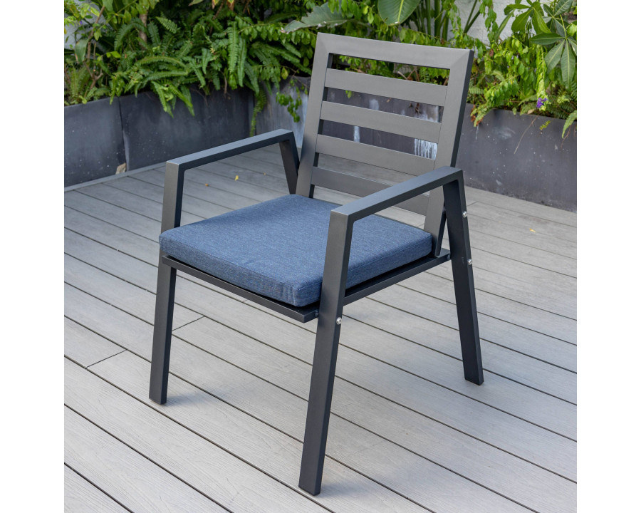 LeisureMod Chelsea Modern Patio Dining Armchair in Aluminum with Removable Cushions - Charcoal Blue