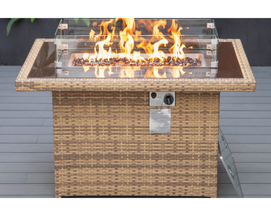 LeisureMod Mace Patio Modern Wicker Propane Fire Pit Table - Light Brown