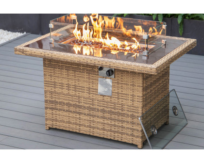 LeisureMod Mace Patio Modern Wicker Propane Fire Pit Table - Light Brown