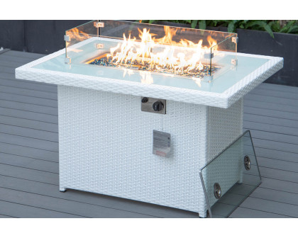 LeisureMod Mace Patio Modern Wicker Propane Fire Pit Table - White