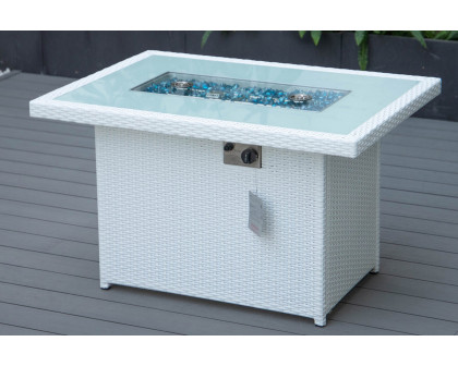 LeisureMod Mace Patio Modern Wicker Propane Fire Pit Table - White