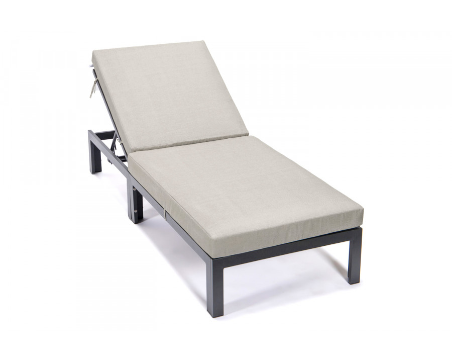 LeisureMod Chelsea Modern Outdoor Black Chaise Lounge Chair with Cushions - Beige