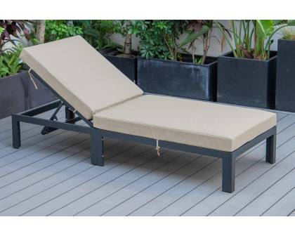 LeisureMod Chelsea Modern Outdoor Black Chaise Lounge Chair with Cushions - Beige