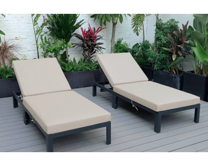 LeisureMod Chelsea Modern Outdoor Black Chaise Lounge Chair with Cushions (Set Of 2) - Beige