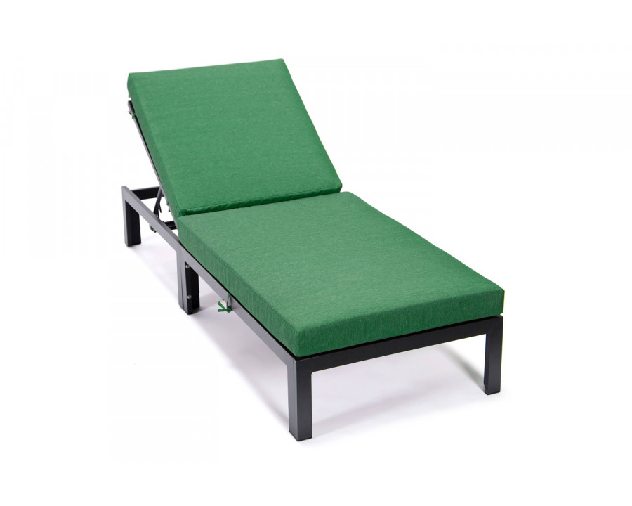 LeisureMod Chelsea Modern Outdoor Black Chaise Lounge Chair with Cushions - Green