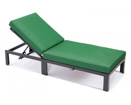 LeisureMod Chelsea Modern Outdoor Black Chaise Lounge Chair with Cushions - Green