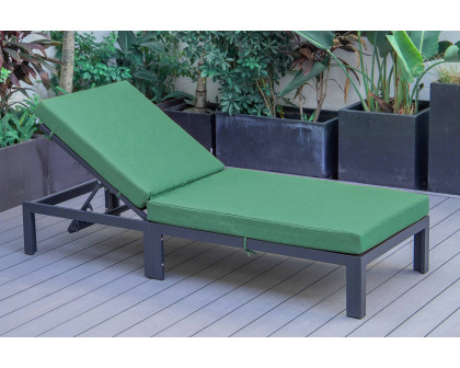 LeisureMod Chelsea Modern Outdoor Black Chaise Lounge Chair with Cushions - Green