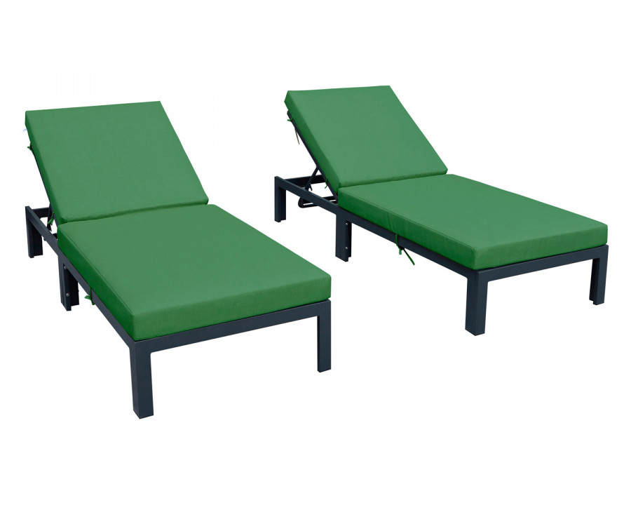 LeisureMod Chelsea Modern Outdoor Black Chaise Lounge Chair with Cushions (Set Of 2) - Green