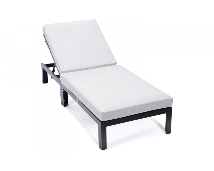 LeisureMod Chelsea Modern Outdoor Black Chaise Lounge Chair with Cushions - Light Gray