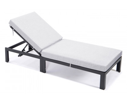 LeisureMod Chelsea Modern Outdoor Black Chaise Lounge Chair with Cushions - Light Gray