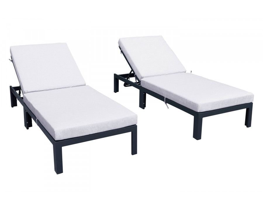 LeisureMod Chelsea Modern Outdoor Black Chaise Lounge Chair with Cushions (Set Of 2) - Light Gray