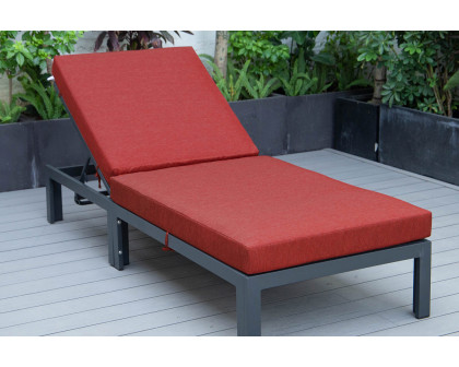 LeisureMod Chelsea Modern Outdoor Black Chaise Lounge Chair with Cushions - Red