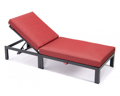 LeisureMod Chelsea Modern Outdoor Black Chaise Lounge Chair with Cushions - Red