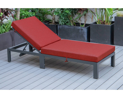 LeisureMod Chelsea Modern Outdoor Black Chaise Lounge Chair with Cushions - Red