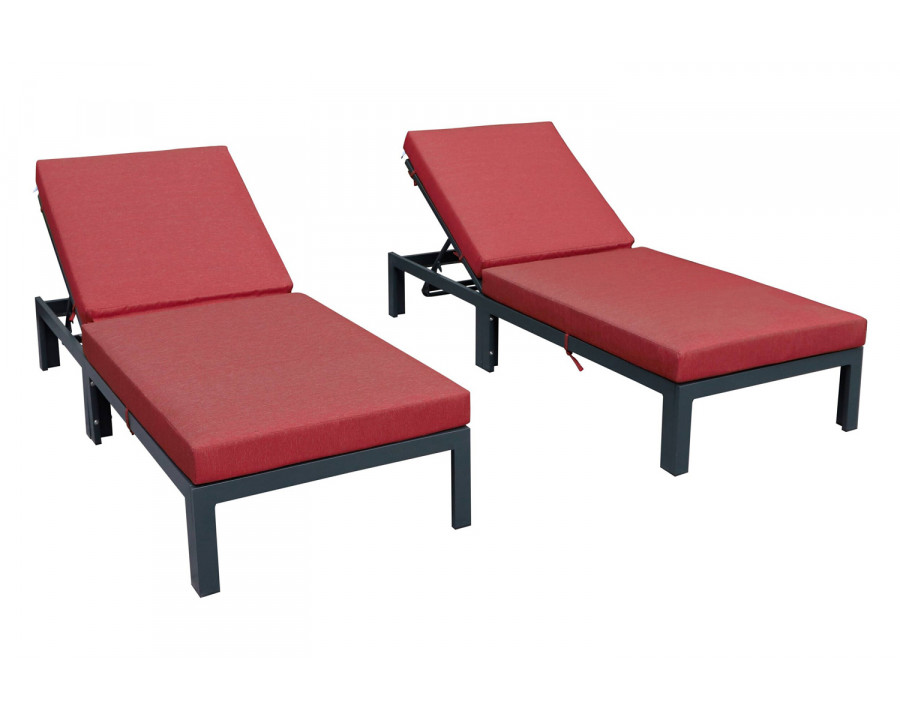 LeisureMod Chelsea Modern Outdoor Black Chaise Lounge Chair with Cushions (Set Of 2) - Red